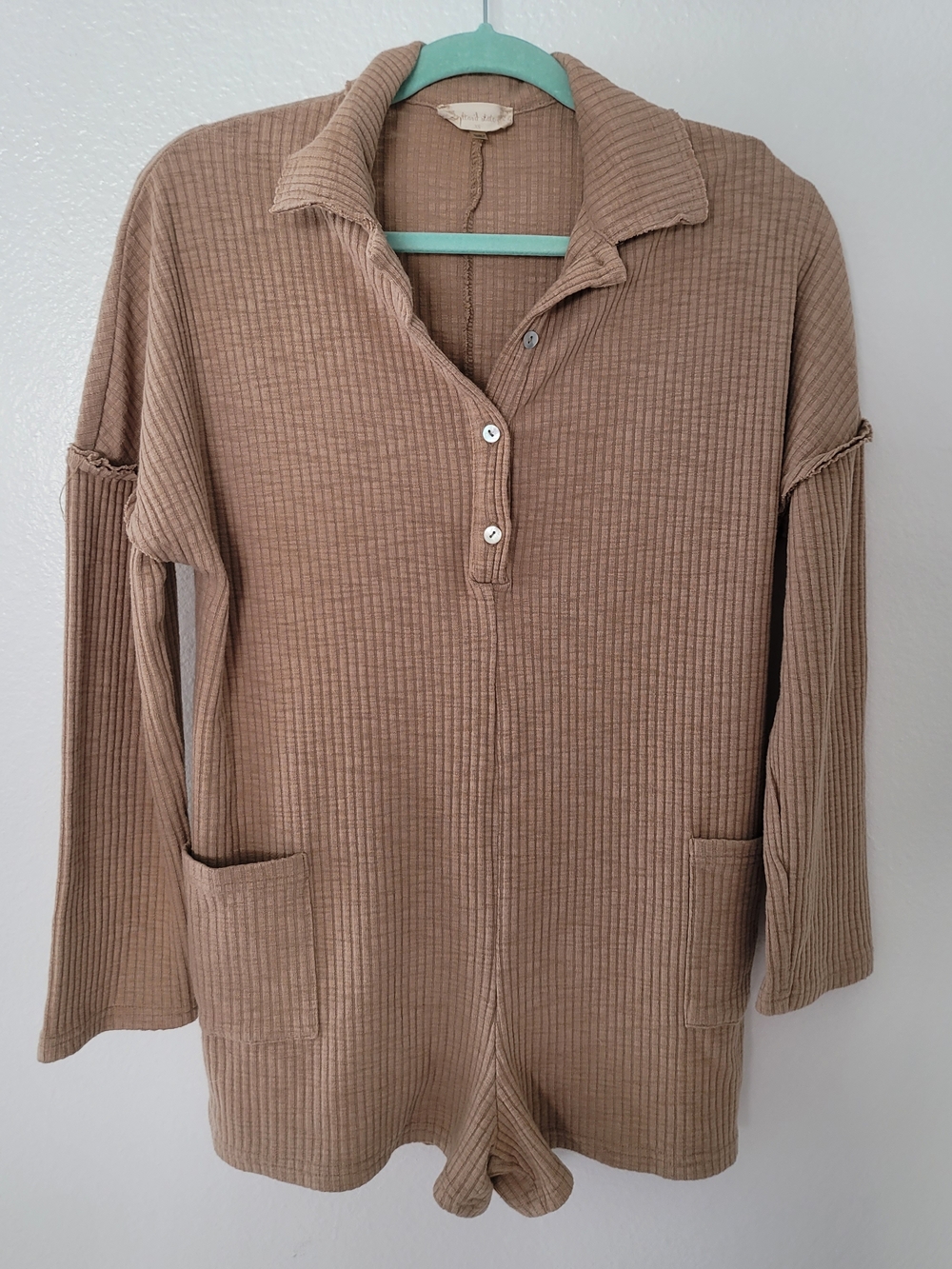 Altar'd State Ribbed Henley Romper in Tan Xs Oversized